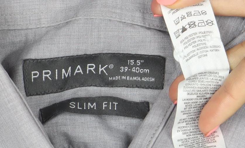 Primark Men's Grey Slim Fit Long Sleeve Button-Up Shirt Size 15.5