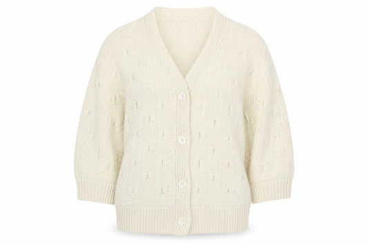 Front view of Savida Women’s Ivory V-Neck Knit Cardigan, size UK 12, Medium 3/4 Sleeve