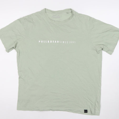 Pull&Bear Men's Green M Regular Fit Logo Cotton T-Shirt