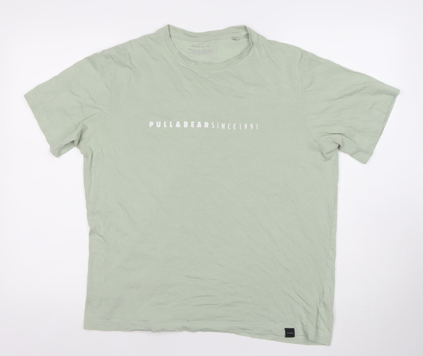 Pull&Bear Men's Green M Regular Fit Logo Cotton T-Shirt