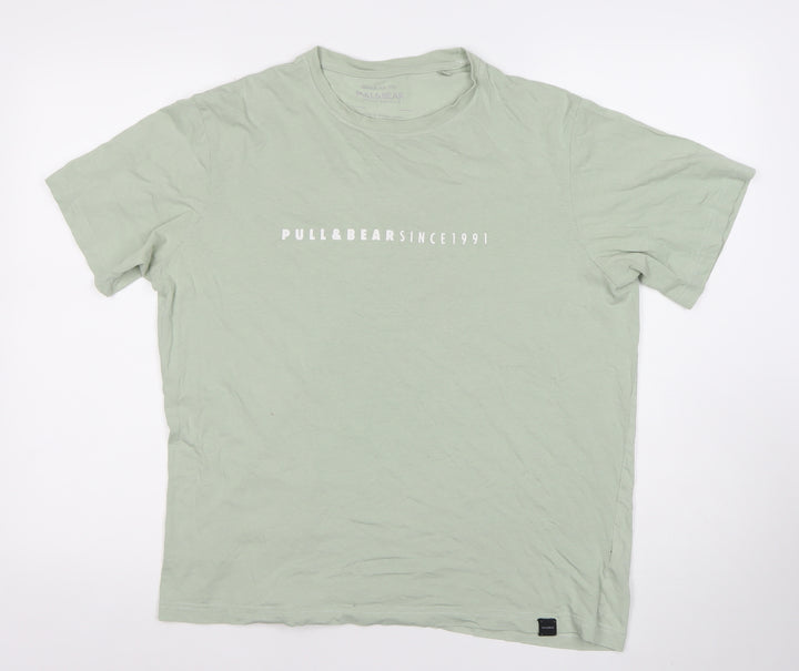 Pull&Bear Men's Green M Regular Fit Logo Cotton T-Shirt