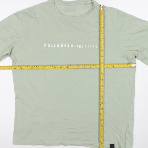 Pull&Bear Men's Green M Regular Fit Logo Cotton T-Shirt