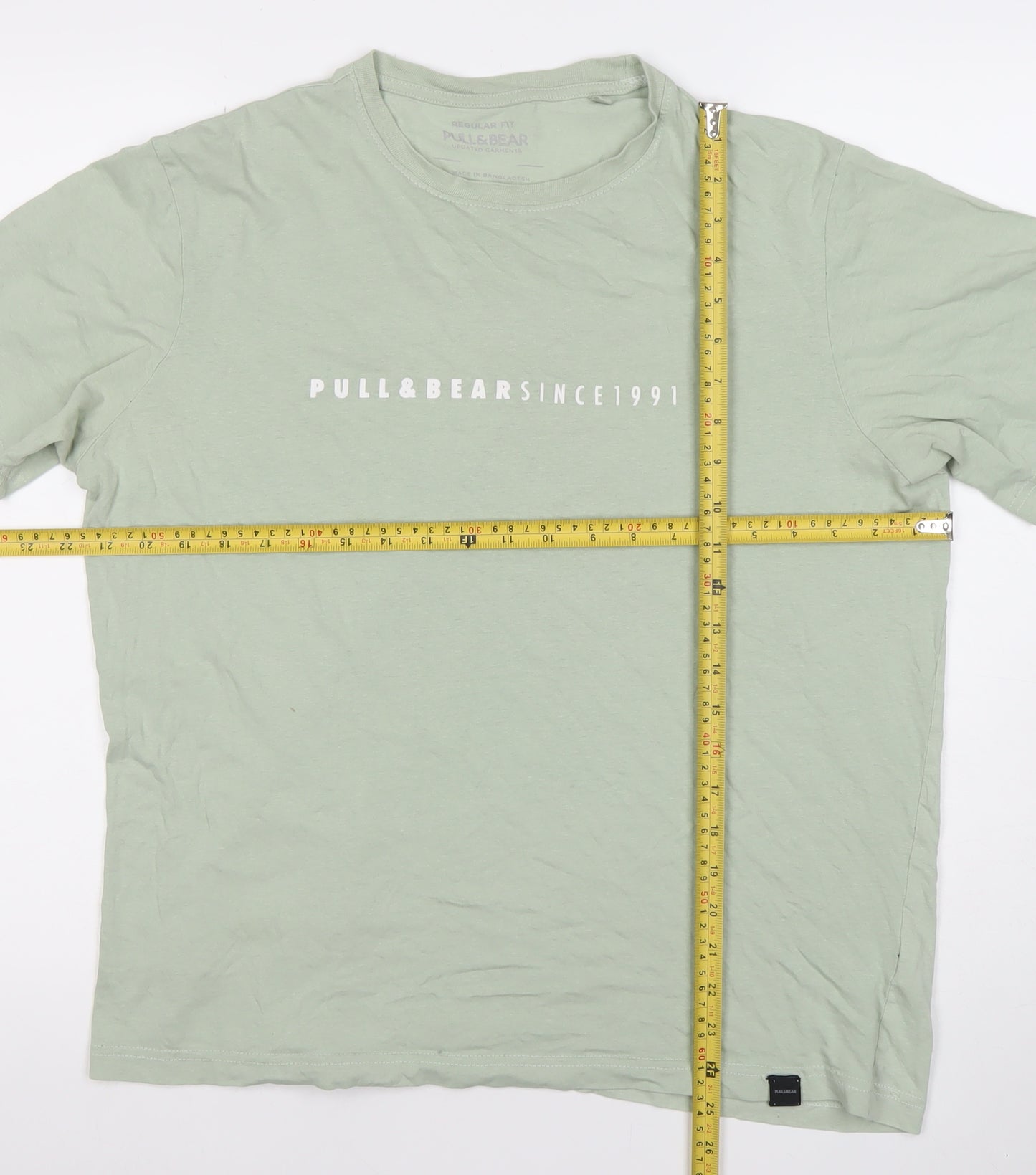 Pull&Bear Men's Green M Regular Fit Logo Cotton T-Shirt