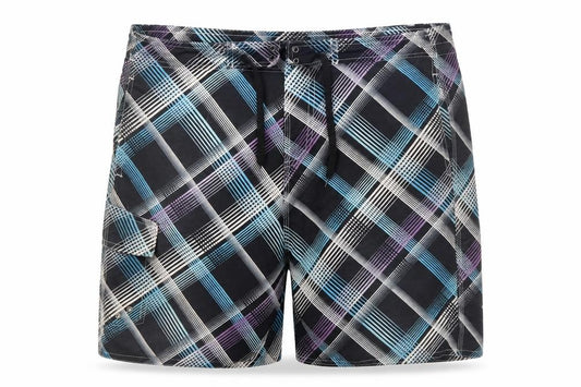 Front view of Dunnes Men’s Black Check XL Board Shorts Swimwear Quick Dry