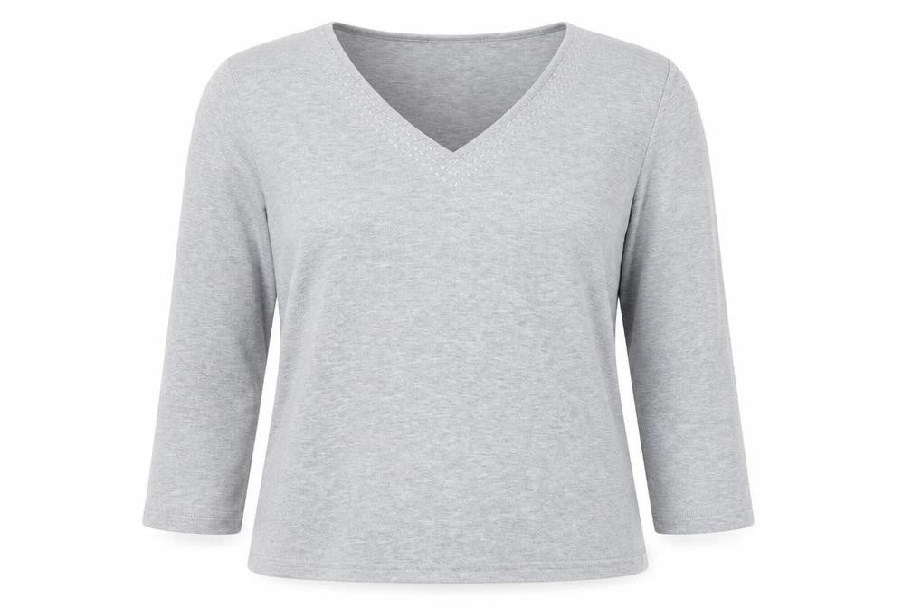 CC Women’s Grey V-Neck 3/4 Sleeve Cotton Stretch Top L