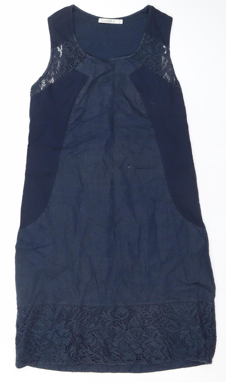 Maloka Womens Blue Shift Dress Size 12 Sleeveless Lace Trim