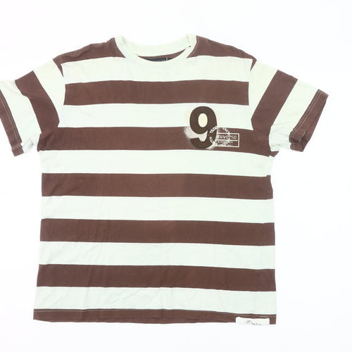 Teddy Smith Unisex Adults Brown White Striped T-Shirt Size M
