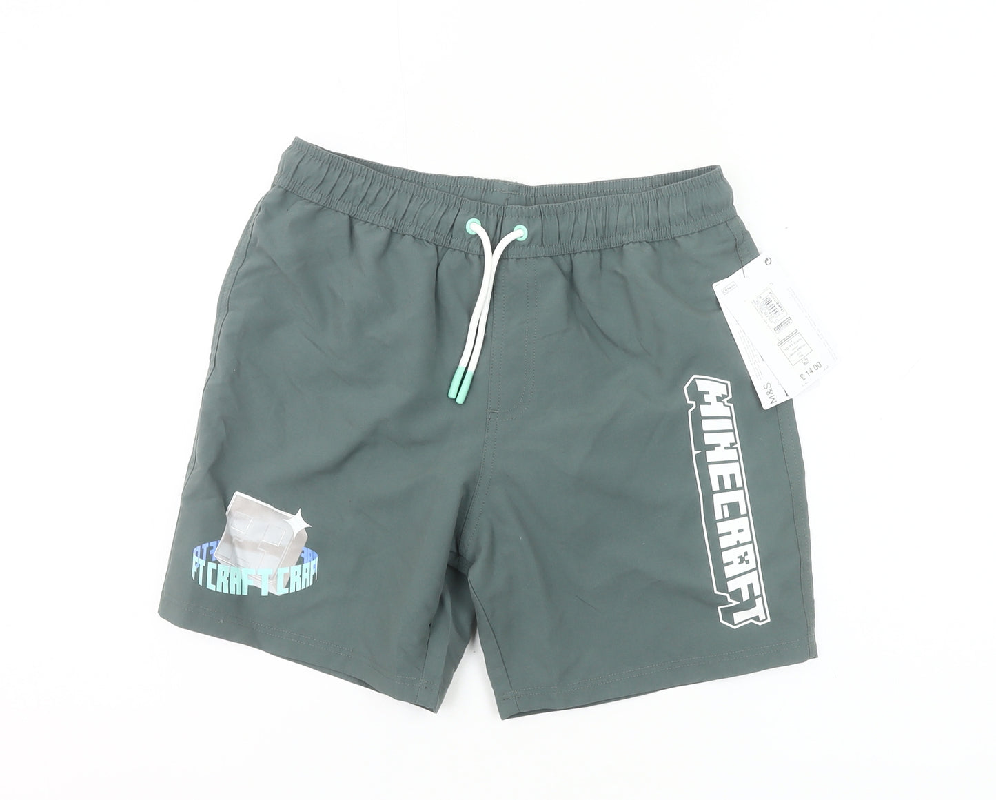 Marks and Spencer Boys Green Minecraft Swim Shorts 10-11Y Polyester Quick Dry