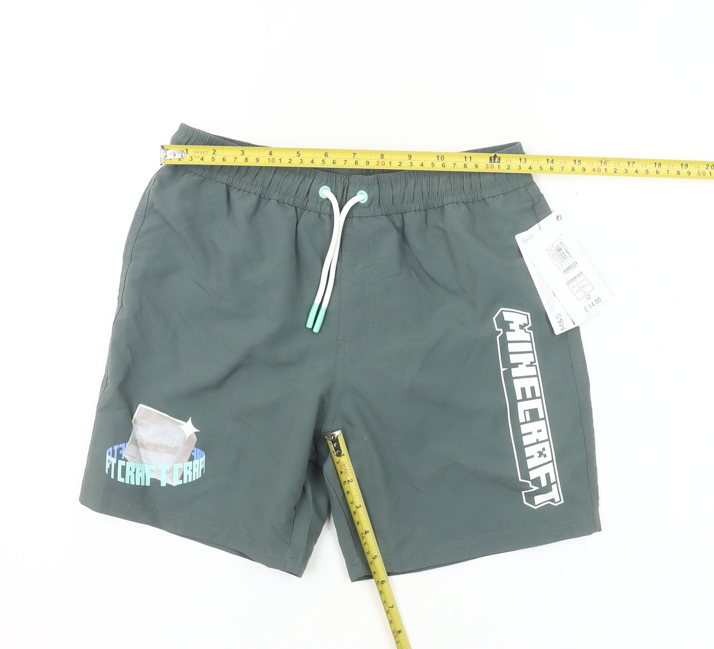 Marks and Spencer Boys Green Minecraft Swim Shorts 10-11Y Polyester Quick Dry