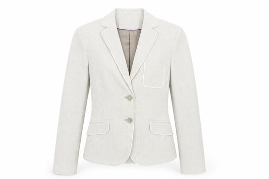 Front view of Mexx Women’s Beige Pinstripe Blazer Jacket, size UK 12, Tailored Workwear