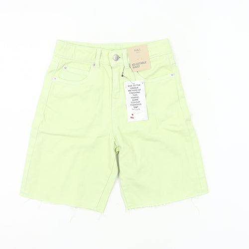 Marks and Spencer Boys Green Chino Shorts 7-8 Years Adjustable Waist