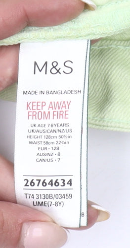 Marks and Spencer Boys Green Chino Shorts 7-8 Years Adjustable Waist