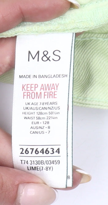 Marks and Spencer Boys Green Chino Shorts 7-8 Years Adjustable Waist