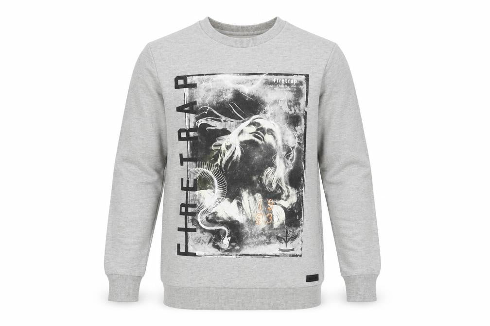 Front view of Firetrap Men's Grey Graphic Sweatshirt Crew Neck Pullover, size S