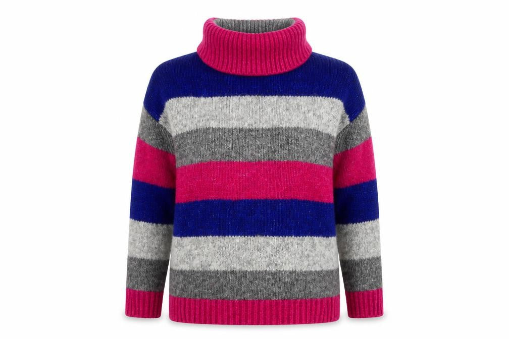 Front view of Yessica women’s grey pink blue roll neck striped jumper m