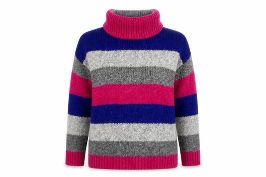 Front view of Yessica women’s grey pink blue roll neck striped jumper m