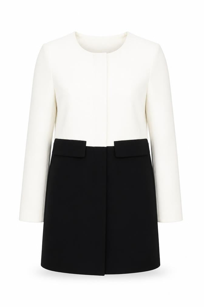 Front view of Dunnes Women’s Black White Colourblock Coat, size UK 10, Workwear