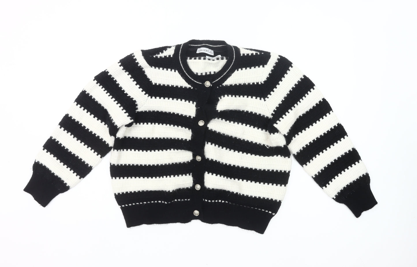 Gallery Womens Black White Striped Knit Cardigan L UK Crew Neck