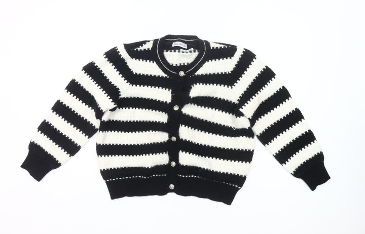 Gallery Womens Black White Striped Knit Cardigan L UK Crew Neck