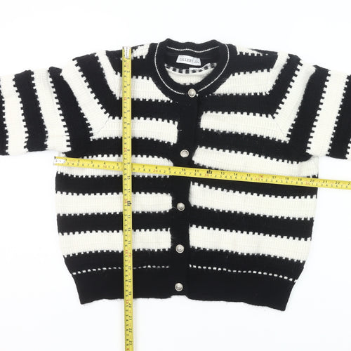 Gallery Womens Black White Striped Knit Cardigan L UK Crew Neck