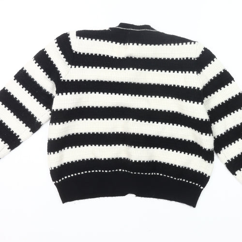 Gallery Womens Black White Striped Knit Cardigan L UK Crew Neck