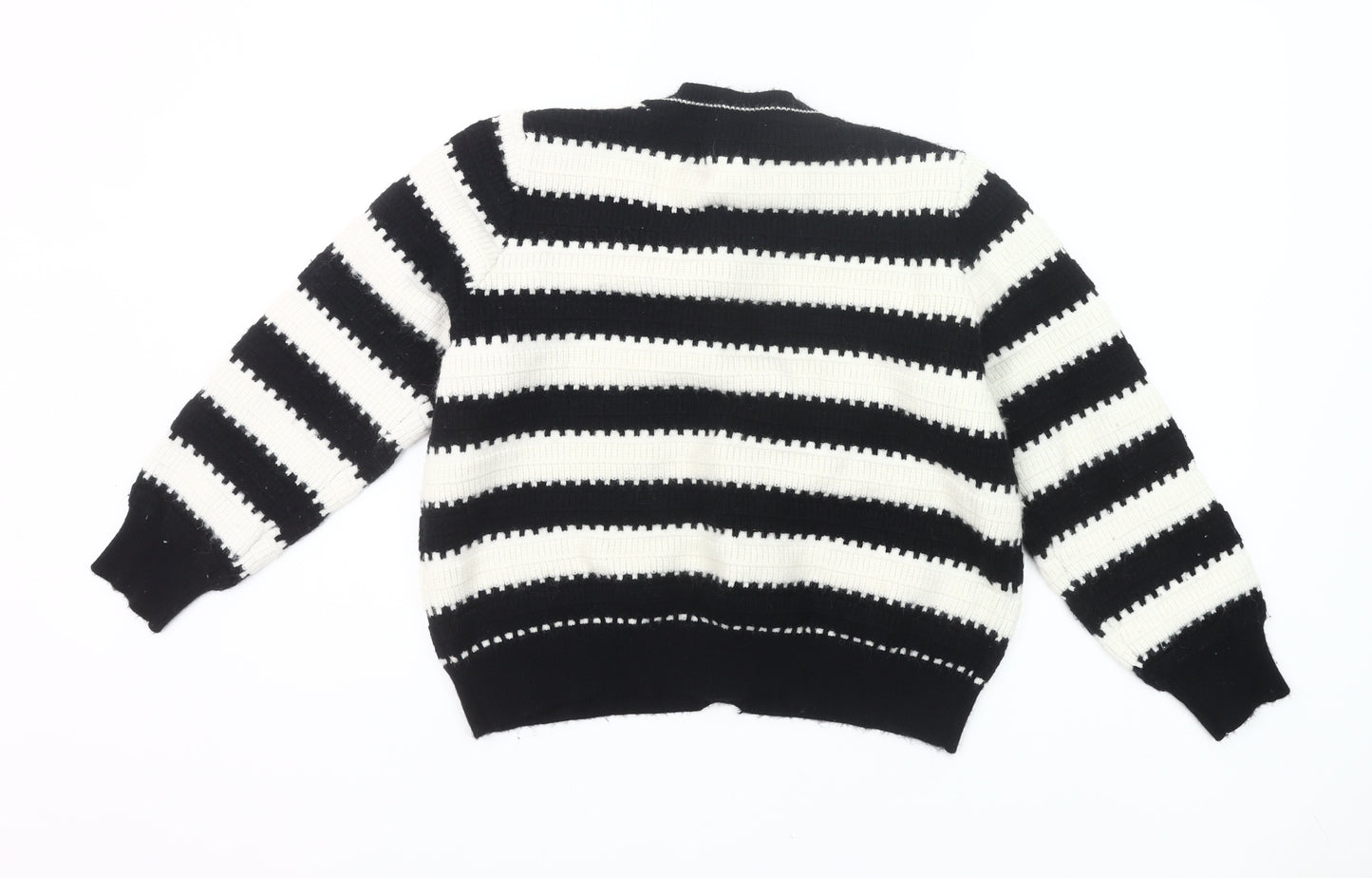 Gallery Womens Black White Striped Knit Cardigan L UK Crew Neck