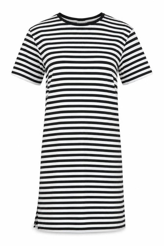 Front view of Noisy May Women’s Black White Striped T-Shirt Dress M