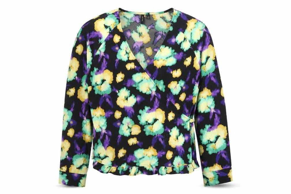 Front view of Vero Moda women’s multicoloured floral wrap blouse, size UK 16
