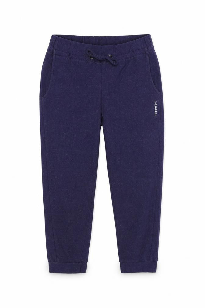 Front view of Reebok women’s blue jogger trousers, size UK 10, cotton blend stretch