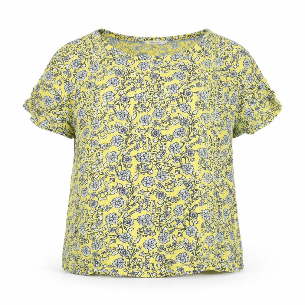 Front view of White Stuff women’s yellow floral viscose blouse, size UK 10