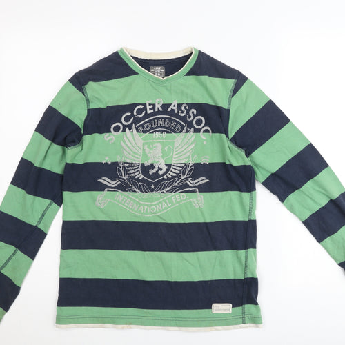 H&M L.O.G.G Teens Green Blue Striped Long Sleeve V-Neck T-Shirt XS