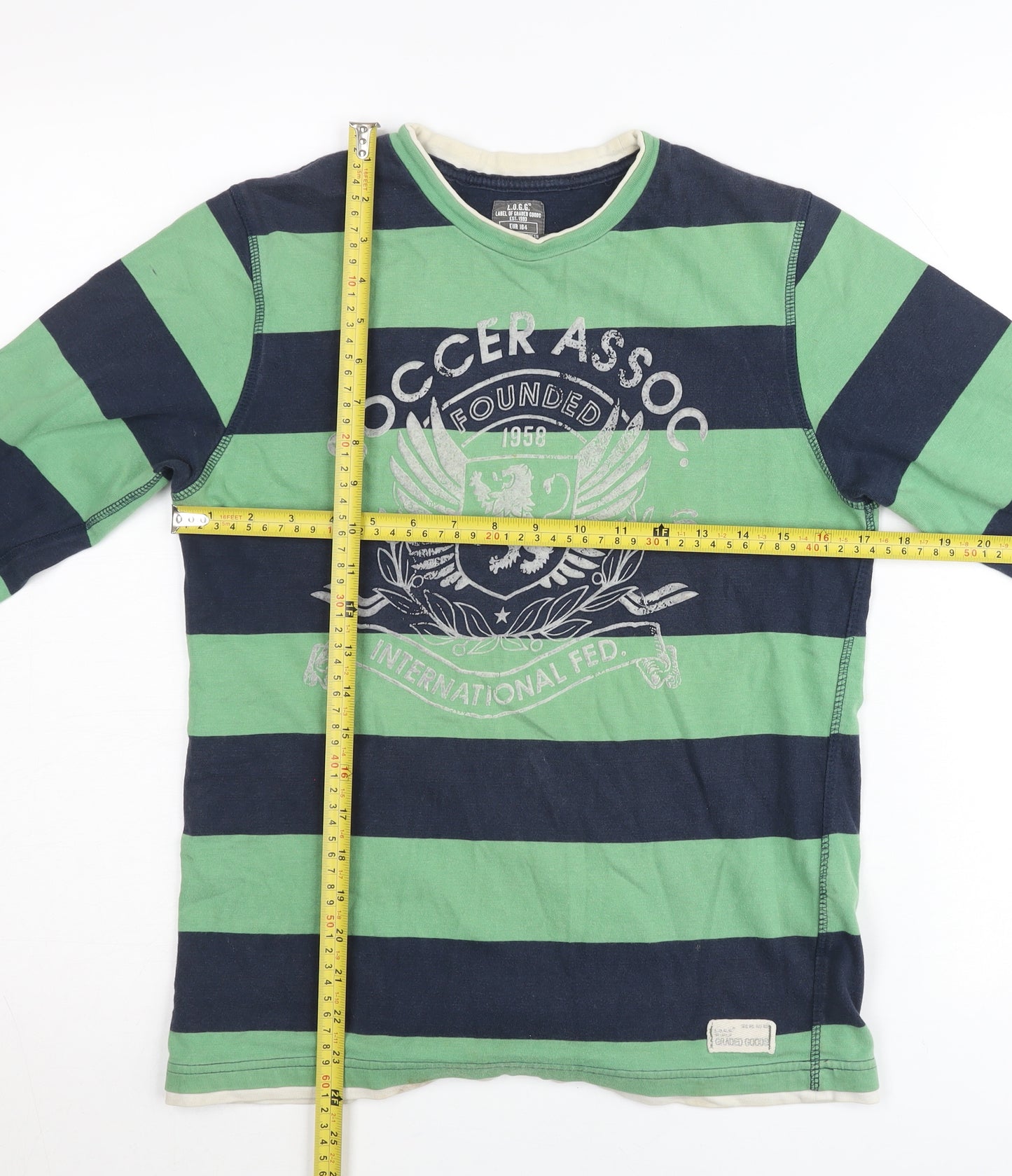 H&M L.O.G.G Teens Green Blue Striped Long Sleeve V-Neck T-Shirt XS