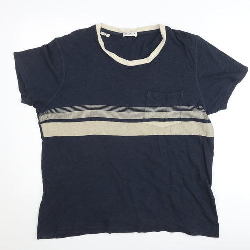 Selected Homme Men's Blue XL Striped Crew Neck Cotton T-Shirt