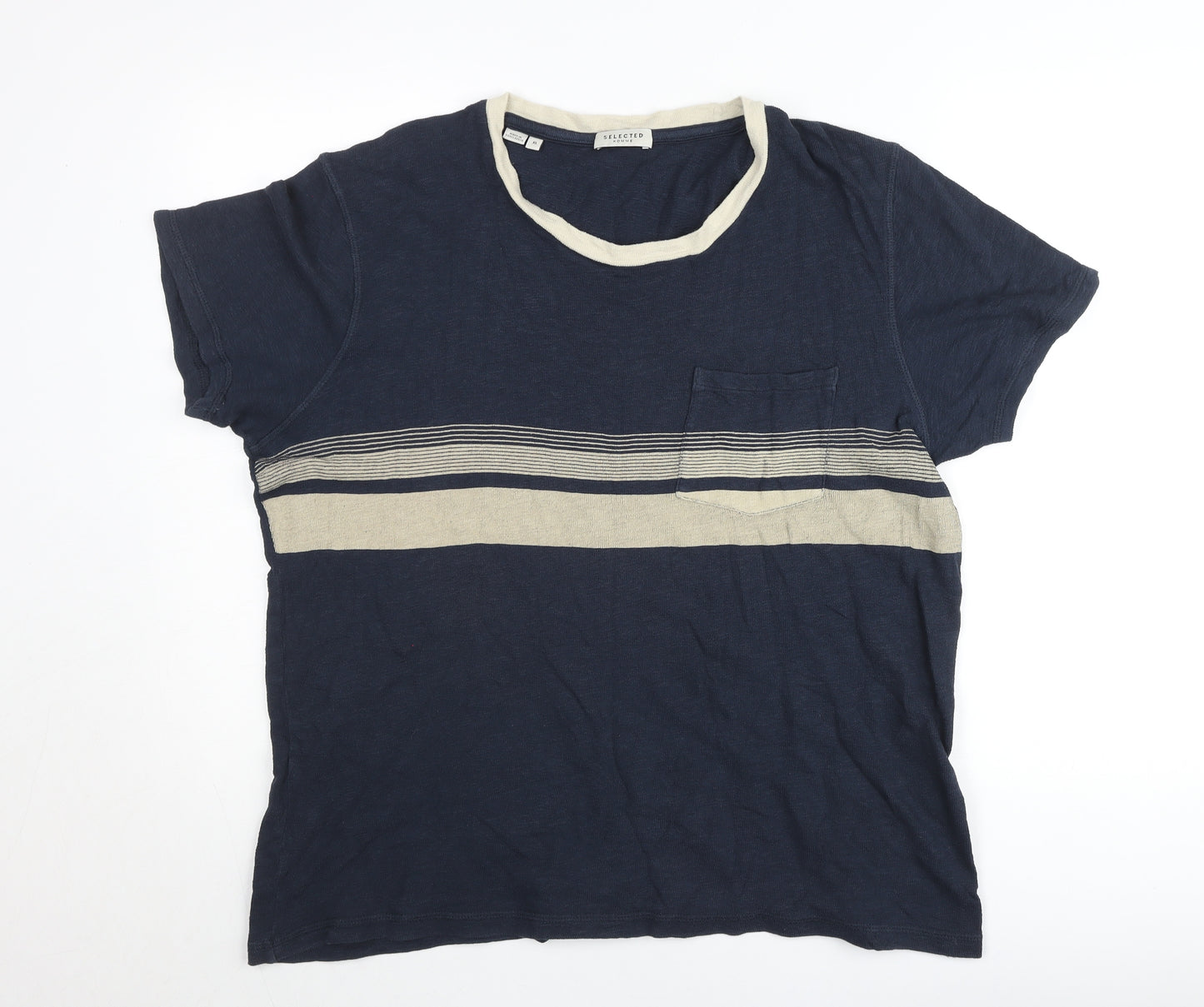 Selected Homme Men's Blue XL Striped Crew Neck Cotton T-Shirt