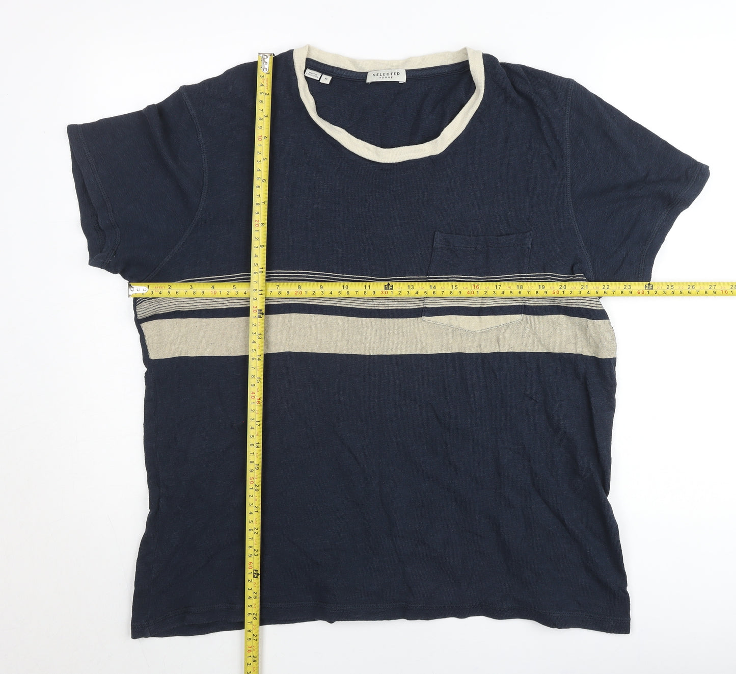Selected Homme Men's Blue XL Striped Crew Neck Cotton T-Shirt