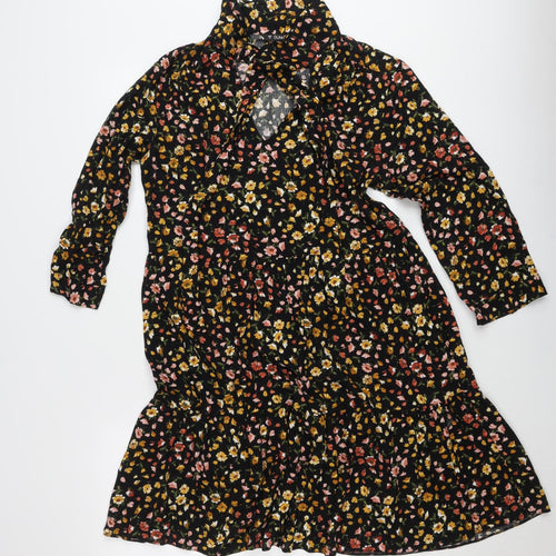 Dunnes Women’s Black Floral Shirt Dress Size 8 Viscose Long Sleeve