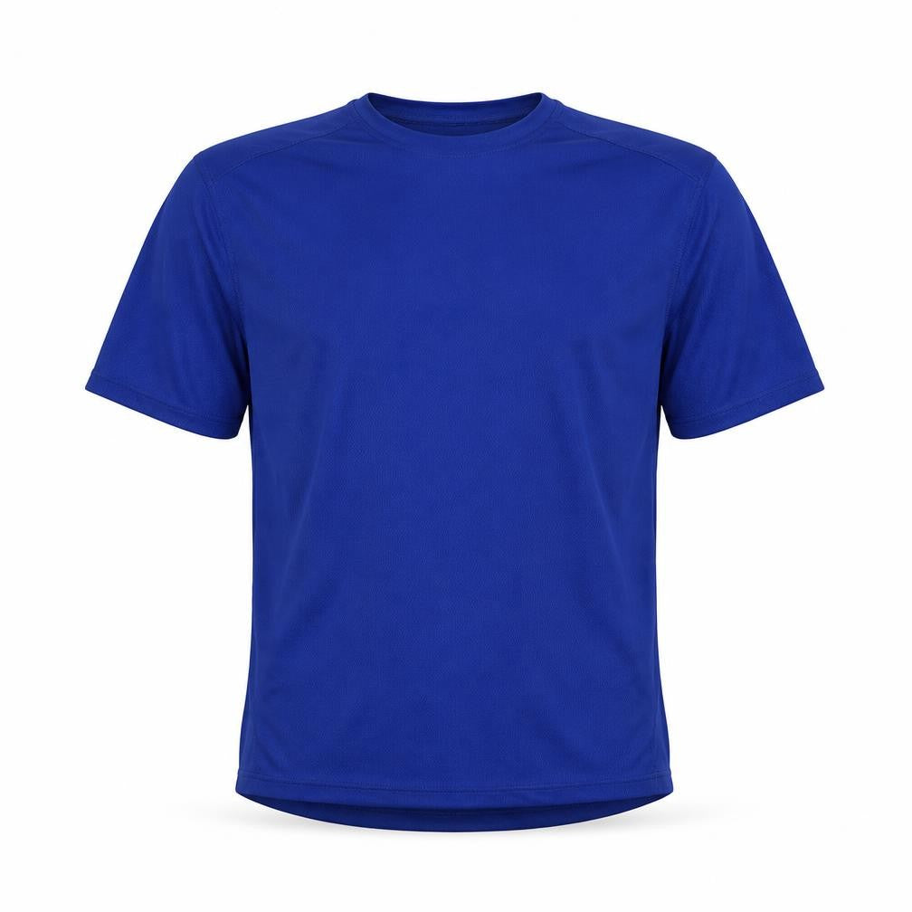 Front view of Dunnes Men’s Blue Medium Crew Neck Short Sleeve Polyester T-Shirt