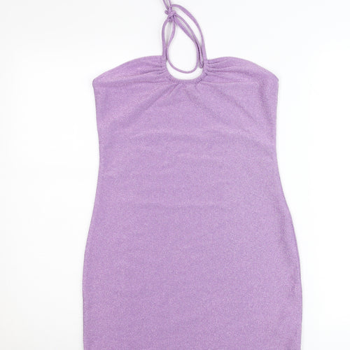 H&M Women Purple Glitter Bodycon Mini Dress Size 12 Halter Clubwear