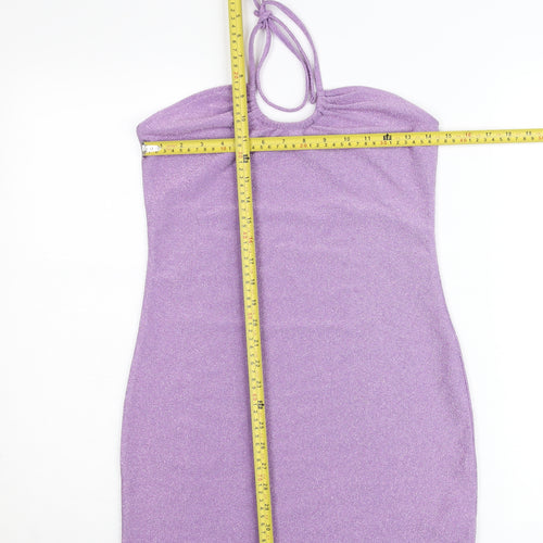 H&M Women Purple Glitter Bodycon Mini Dress Size 12 Halter Clubwear
