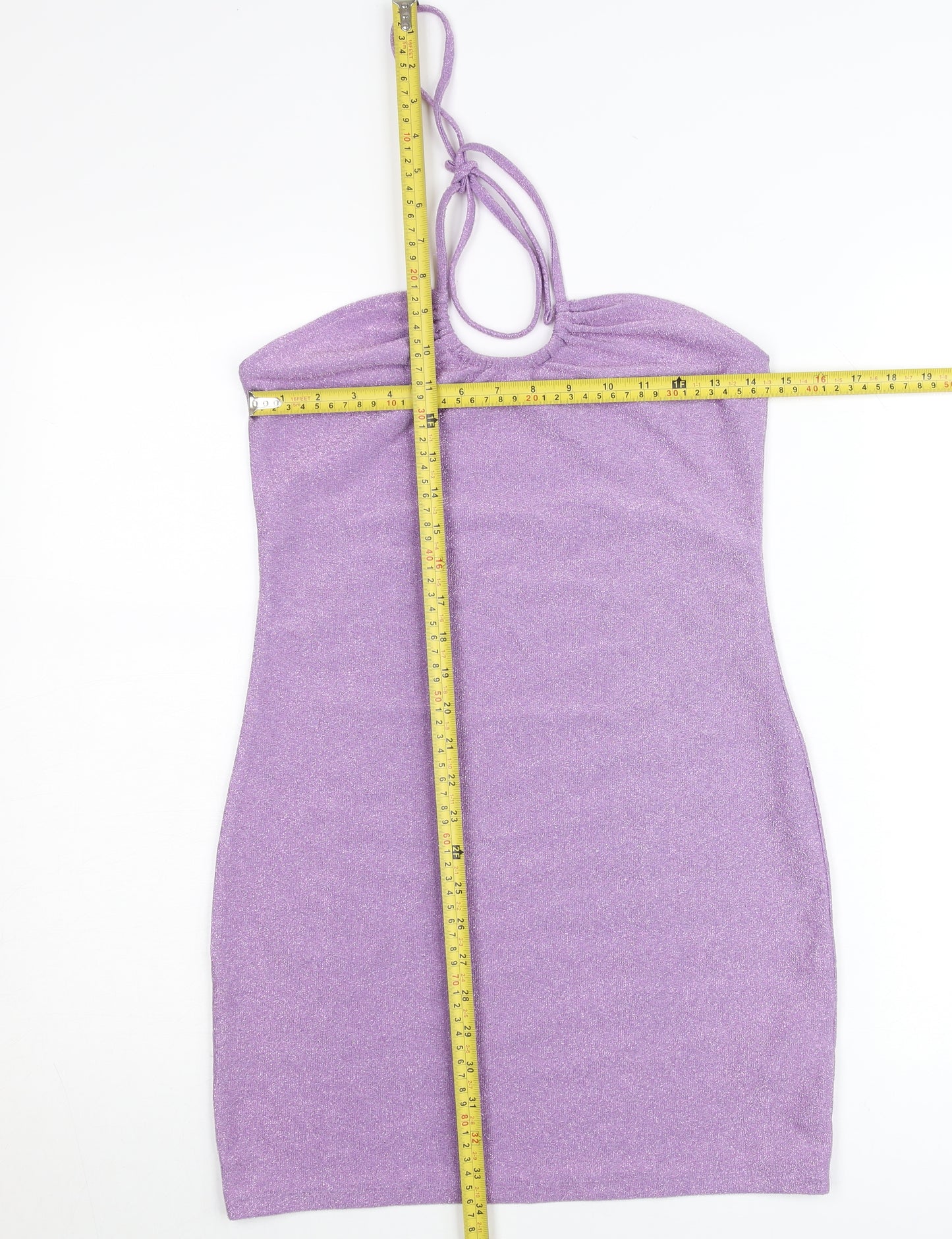 H&M Women Purple Glitter Bodycon Mini Dress Size 12 Halter Clubwear