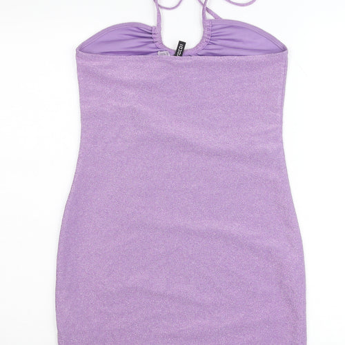 H&M Women Purple Glitter Bodycon Mini Dress Size 12 Halter Clubwear
