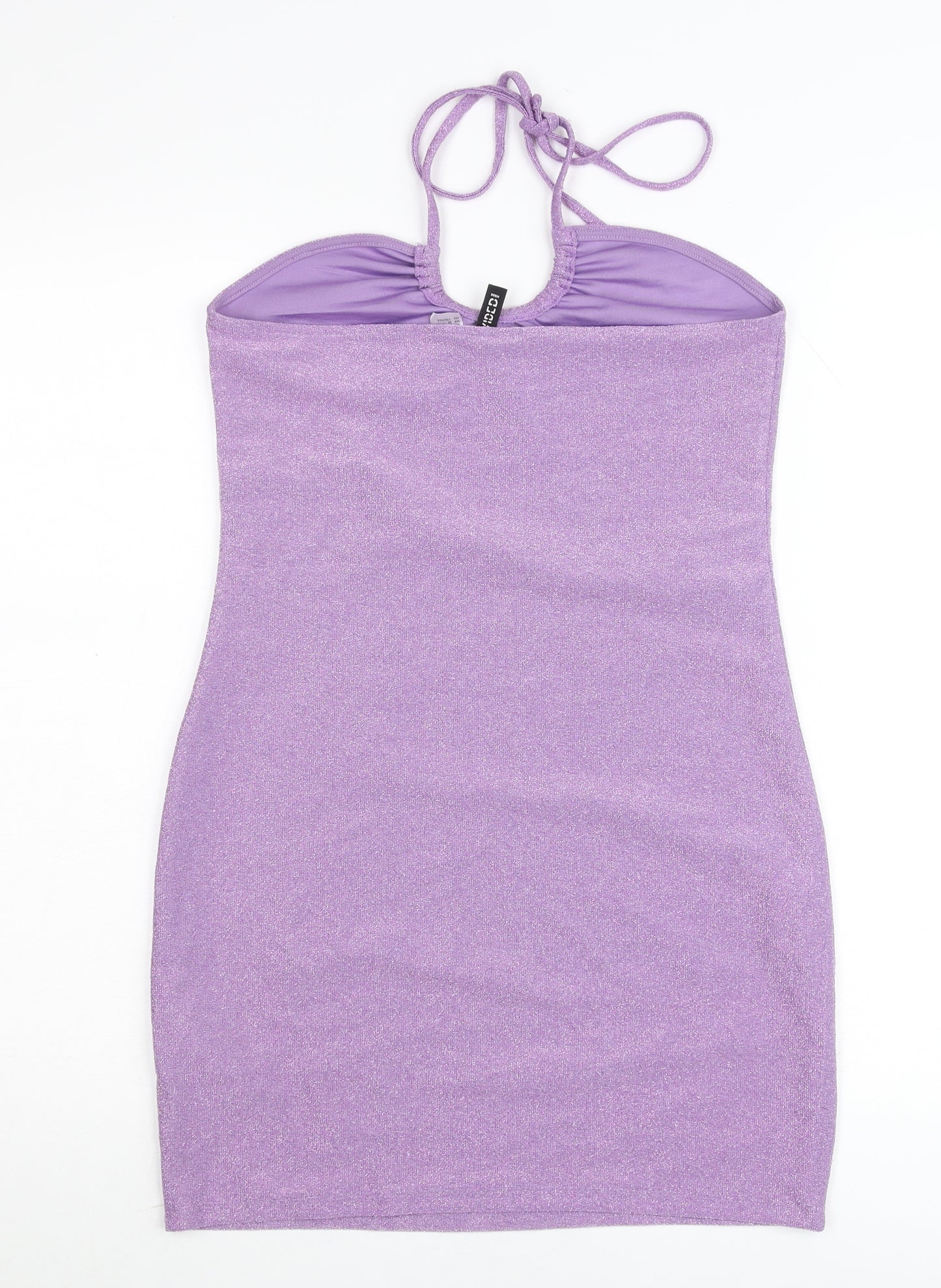 H&M Women Purple Glitter Bodycon Mini Dress Size 12 Halter Clubwear