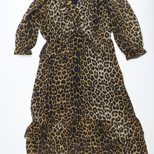 Savida Women’s Brown Leopard Print Ruffle Wrap Dress Size 16