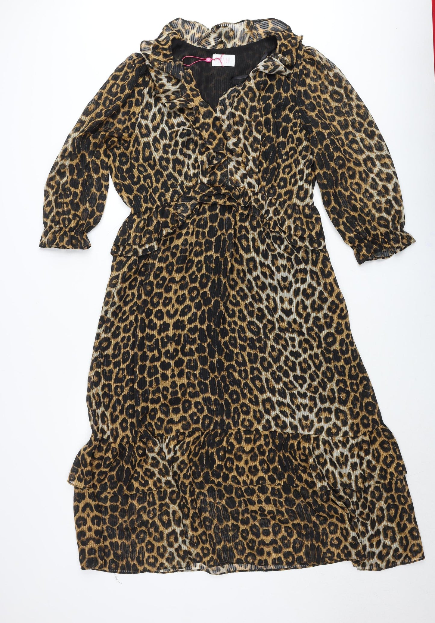 Savida Women’s Brown Leopard Print Ruffle Wrap Dress Size 16