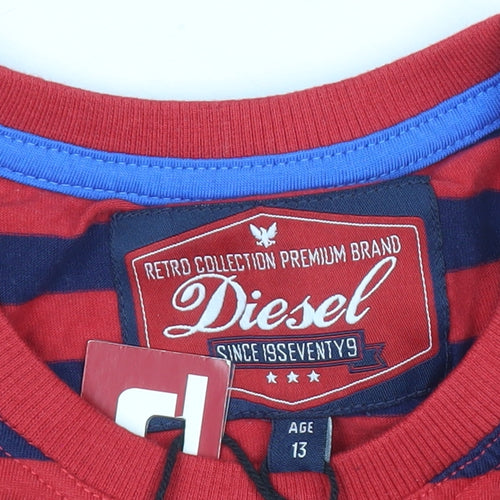 Diesel Boys Red Striped Short Sleeve Cotton T-Shirt Age 13