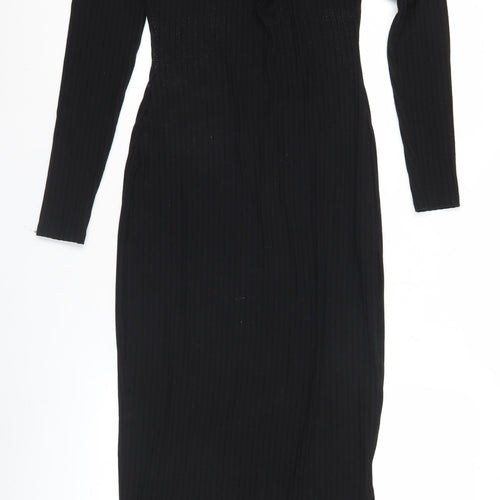 New Look Women’s Black Bodycon Midi Dress Size 6 Long Sleeve Scoop Neck