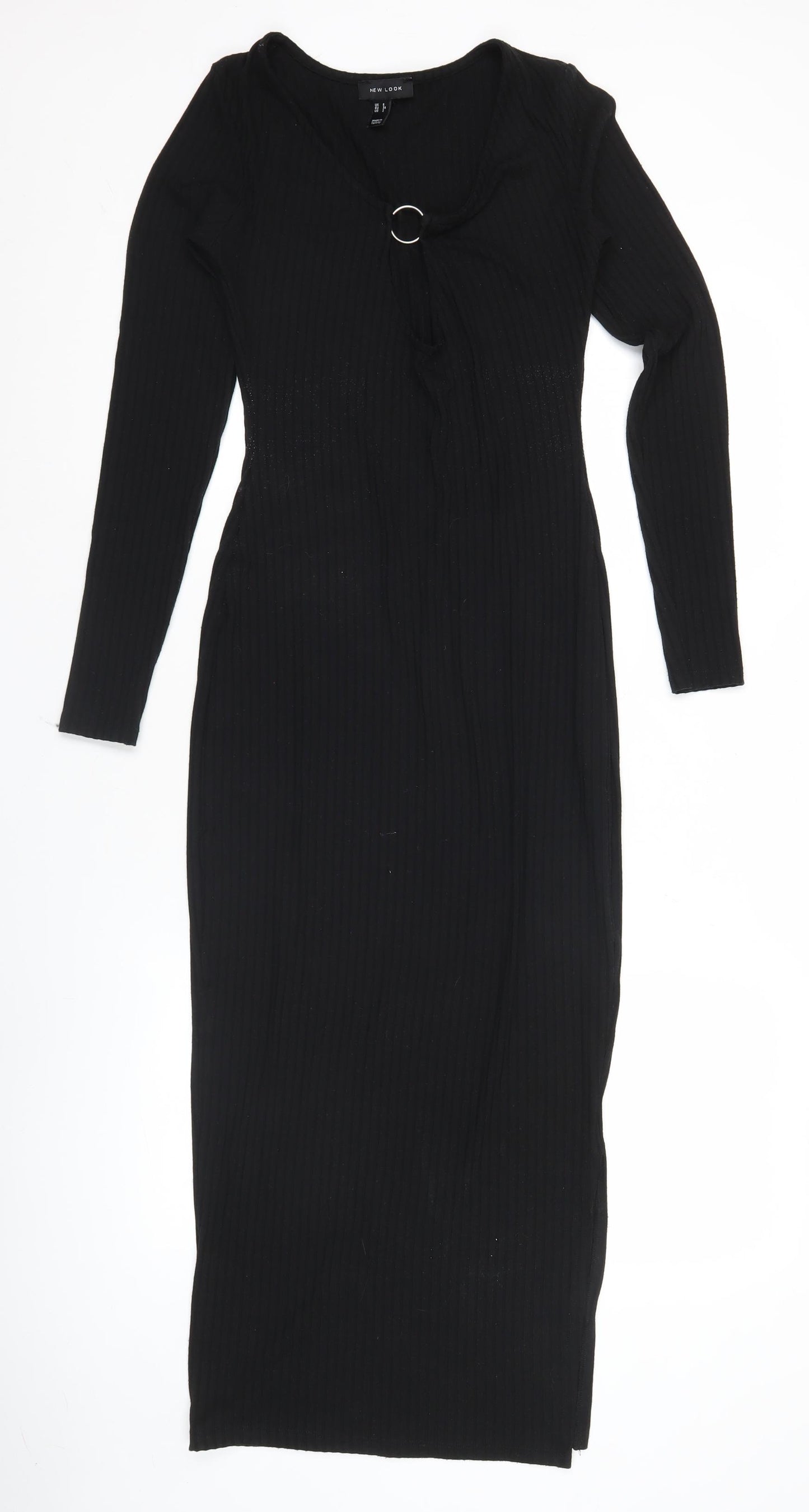 New Look Women’s Black Bodycon Midi Dress Size 6 Long Sleeve Scoop Neck