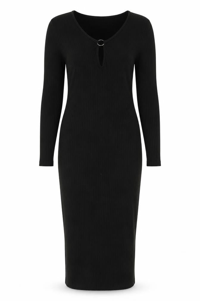 New Look Women’s Black Bodycon Midi Dress Size 6 Long Sleeve Scoop Neck