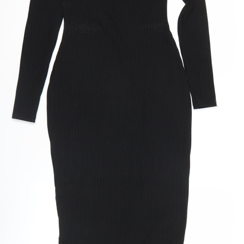 New Look Women’s Black Bodycon Midi Dress Size 6 Long Sleeve Scoop Neck