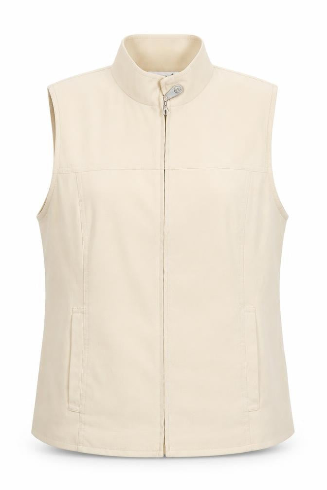 Front view of Jumper women’s beige waistcoat, size UK 12, sleeveless zip jacket